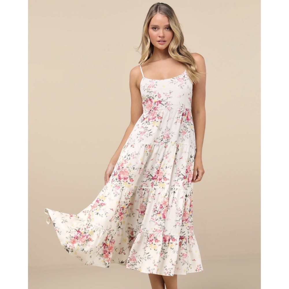 Lulus Mykonos Mood Tiered Midi‎ Dress Womens XL Pink Floral Linen Tie-Strap NWT
